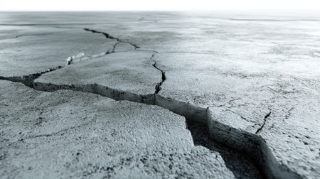 This image captures a detailed view of dry, cracked earth, highlighting the impact of drought. The gray tones and textures emphasize the harshness of the landscape.の素材