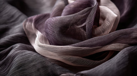 This image captures a close-up of textured fabric with flowing patterns in shades of purple and cream, perfect for artistic backgrounds and stylish design projects.の素材