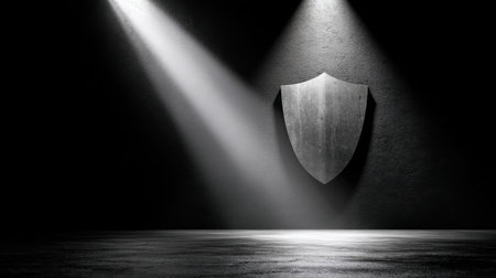 This striking image features a wooden shield illuminated by dramatic light against a dark background, symbolizing protection and security in a minimalist design.の素材