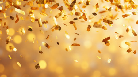 Dynamic scene of golden confetti and glitter falling against a warm bokeh background, perfect for celebrating special moments, events, and joyous occasions.の素材