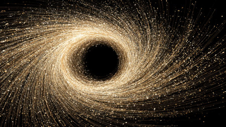 This captivating image features a mesmerizing swirl of golden lights flowing into a black vortex, evoking a sense of mystery and elegance perfect for artistic projects.の素材