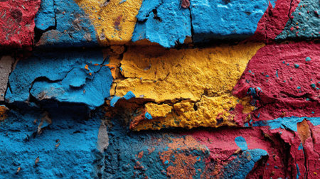This stunning close-up features a cracked wall adorned with vibrant blue, yellow, and red paint splashes. Perfect for artistic projects or background designs.の素材