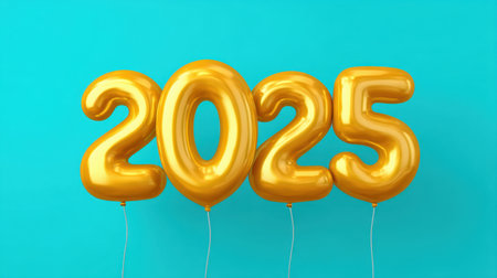 Vibrant golden balloons showcasing the year 2025 against a turquoise backdrop, ideal for festive occasions, celebrations, and memorable events focusing on this year.の素材