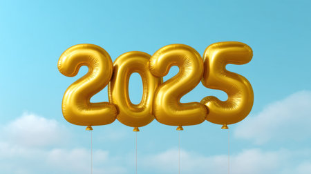 Stunning golden balloons form the number 2025 against a bright blue sky, creating a cheerful and festive atmosphere perfect for celebrations and announcements.の素材