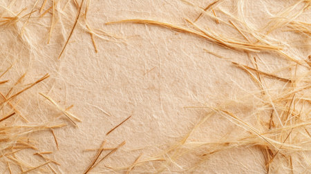 A close-up view of fine natural fibers arranged on a textured paper surface. Ideal for eco-friendly projects, art backgrounds, or rustic designs showcasing simplicity and warmth.の素材