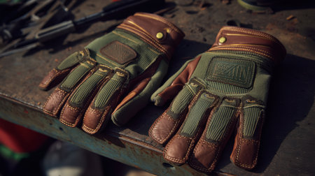 A pair of high-quality work gloves laid on a rustic workbench, surrounded by tools, showcasing durability and practicality for various industrial and outdoor tasks.の素材