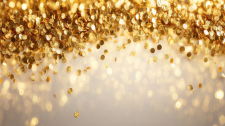 This stunning golden glitter background features shimmering bokeh effects that create a joyful and festive atmosphere perfect for celebrations and special events.の素材