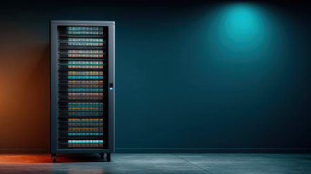 A sleek server rack stands against a dark wall, its illuminated cables highlighting a modern data center. This image captures advanced technology in a corporate atmosphere.の素材