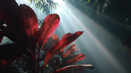 Captivating scene of vibrant red leaves illuminated by soft sunlight rays in a tropical forest, evoking a sense of peace and admiration for natural beauty.の素材