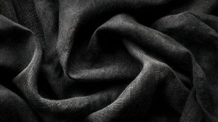 This close-up image captures a dark textured fabric with soft waves and folds, ideal for backgrounds or creative projects that require a touch of elegance and depth.の素材