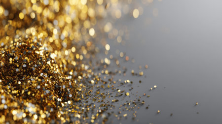 A close-up of a pile of gold glitter beautifully scattered on a smooth surface, featuring a mesmerizing bokeh effect that adds elegance and vibrancy to any creative project.の素材
