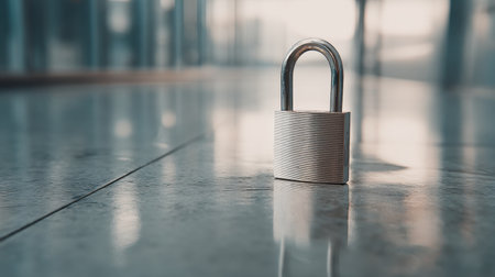 A striking close-up image of a silver padlock resting on a smooth, reflective surface in a contemporary urban space, emphasizing themes of security and safety.の素材