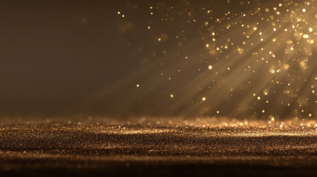 Soft golden light sparkles gracefully across a warm surface, creating a dreamy atmosphere. Perfect for backgrounds in design, photography, and creative projects.の素材