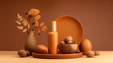 This elegant still life features a stylish bottle, decorative plants, and natural nuts, all set against a warm brown background, creating a harmonious and inviting atmosphere.の素材