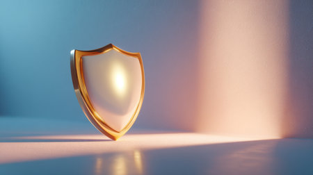 A stunning golden shield symbolizing protection and security. This polished design captures attention and conveys themes of safety, resilience, and defense, ideal for various uses.の素材