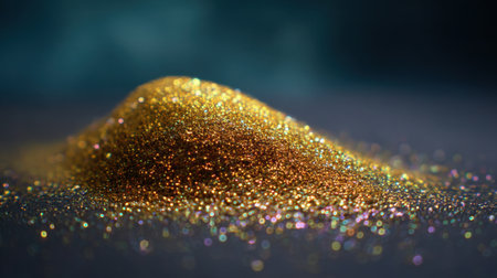 A mesmerizing view of a pile of fine gold dust, sparkling under a delicate light, ideal for creative projects, design backgrounds, or artistic inspiration.の素材