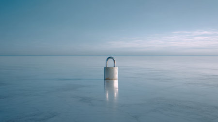 A minimalist scene featuring a solitary padlock resting on a peaceful, reflective surface beneath a tranquil sky, symbolizing security and isolation in a serene setting.の素材