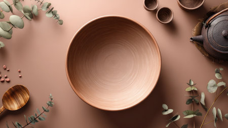 A beautifully crafted wooden bowl sits empty on a neutral surface, accented by greenery and rustic tableware, creating a serene and stylish dining scene.の素材