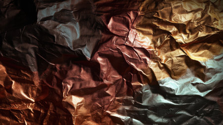 This high-resolution image showcases a visually striking crumpled metallic texture in rich hues of orange, copper, and brown, perfect for creative projects.の素材