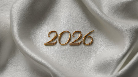 This image features elegant golden numbers signifying the year 2026 on a soft white fabric background, perfect for minimalist design projects and festive themes.の素材