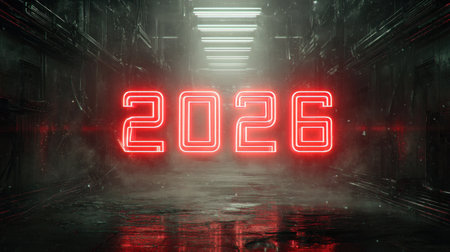 A striking image featuring a bright neon sign displaying the year 2026, set in a dark corridor filled with fog, offering a visually stunning futuristic vibe.の素材