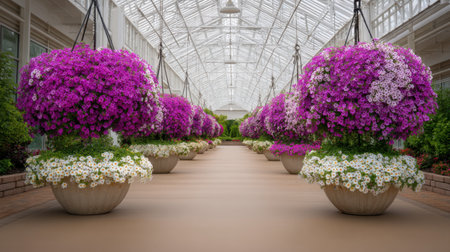 A stunning view of vibrant purple and white petunias hanging gracefully in a modern glass conservatory, showcasing a beautiful indoor garden environment.の素材