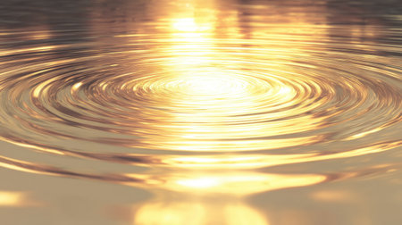 Beautiful close-up of circular ripples on a water surface during sunrise. The shimmering golden hues create a tranquil and serene atmosphere in nature.の素材