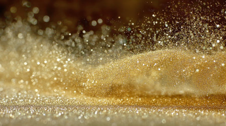 An enchanting close-up of sparkling gold dust creates a magical atmosphere with shimmering particles against a softly blurred background, adding elegance and beauty to any project.の素材