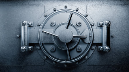 A close-up view of a heavy-duty metallic safe vault door showcasing a robust locking mechanism and textured surface, symbolizing security and protection for valuables.の素材
