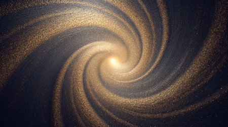 Explore a mesmerizing swirling formation of gold in a deep space backdrop, radiating light and energy, evoking a sense of cosmic wonder and artistic beauty.の素材