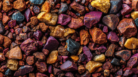 A striking assortment of colorful rocks and minerals showcasing various textures and shapes, ideal for backgrounds, patterns, and natural-themed projects.の素材