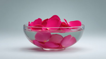 A serene bowl filled with vibrant pink rose petals floating gracefully in clear water, creating a soothing and elegant atmosphere perfect for various decor themes.の素材