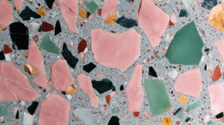 This image showcases a vibrant terrazzo pattern featuring a mix of pink, green, and gold stone chips set against a gray background, perfect for creative design projects.の素材