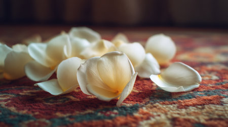 A close-up view of delicate white petals scattered across a colorful rug, capturing an essence of romance and elegance perfect for decor and still-life compositions.の素材
