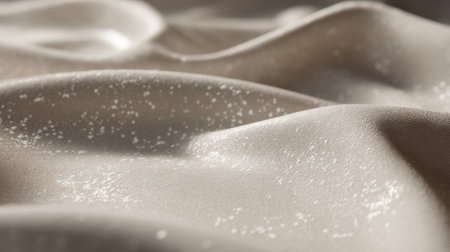 This image showcases a close-up view of soft, textured fabric with a glossy sheen, featuring delicate sparkles. The neutral tones create a luxurious and elegant atmosphere.の素材