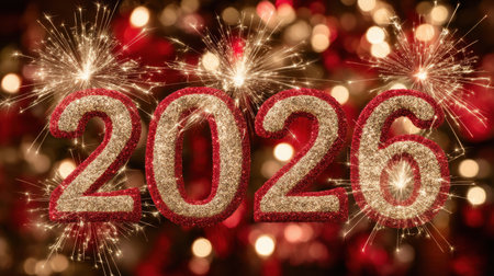 Vibrant image showcasing the year 2026 in sparkling glitter with fireworks in the background. Ideal for New Yearの素材