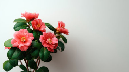 A beautiful composition featuring pink camellia flowers atop lush green leaves, perfect for enhancing botanical themes in home decor or print media.の素材