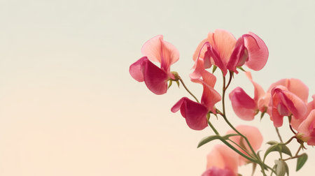 Capture the enchanting beauty of delicate pink sweet pea flowers set against a soft pastel background, perfect for adding charm and elegance to any floral arrangement.の素材