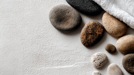Discover a serene arrangement featuring smooth stones alongside a soft towel, perfect for conveying themes of relaxation, wellness, and tranquility in your projects.の素材