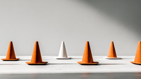 A visually striking composition featuring orange and white traffic cones arranged on a smooth surface, illuminated by bright light and casting unique shadows.の素材
