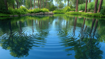 Tranquil pond scene showcasing clear water reflecting surrounding lush trees. Gentle ripples create a serene atmosphere, ideal for relaxation and nature lovers.の素材
