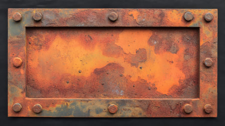 Close-up view of a rusty metal plate showcasing vibrant orange and brown patina with rivets. Ideal for backgrounds, textures, and industrial-themed projects.の素材