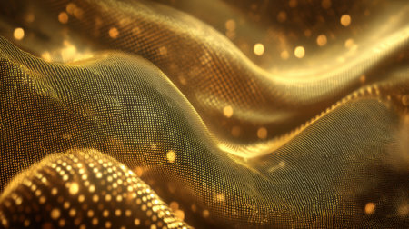 Experience a captivating scene of shimmering golden fabric, featuring soft waves and a bokeh effect that creates an atmospheric feel perfect for design projects.の素材