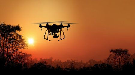 Dramatic sunset over a natural landscape features a silhouetted drone flying against a vibrant sky. This scene captures the beauty of technology and nature together.の素材