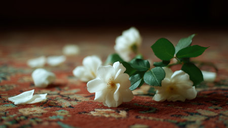 A stunning composition featuring delicate white flowers nestled on a richly patterned carpet, evoking feelings of tranquility and natural beauty in a cozy interior space.の素材