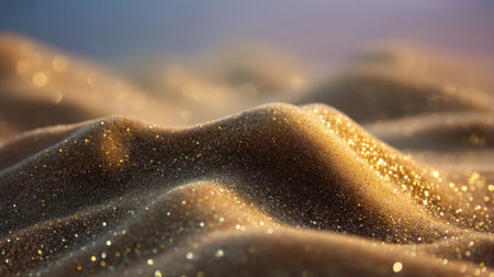 This stunning image captures the mesmerizing beauty of golden sand dunes adorned with sparkles, illuminated by soft natural light, evoking serenity and elegance.の素材
