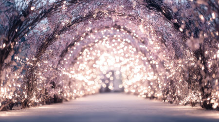 A stunning enchanted pathway features delicate pink blossoms intertwined with twinkling fairy lights, creating a magical atmosphere perfect for romantic events and celebrations.の素材