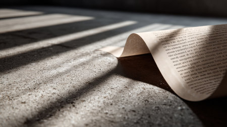 A serene scene featuring a crumpled sheet of paper resting softly on a textured surface, illuminated by gentle morning light casting elegant shadow patterns.の素材