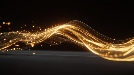 This captivating image features flowing golden light waves that create an enchanting interplay of motion and energy, set against a dark background for striking contrast.の素材
