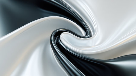 Discover an elegant abstract swirl of black and white satin fabric, showcasing smooth flowing textures ideal for backgrounds in modern design and artistic projects.の素材